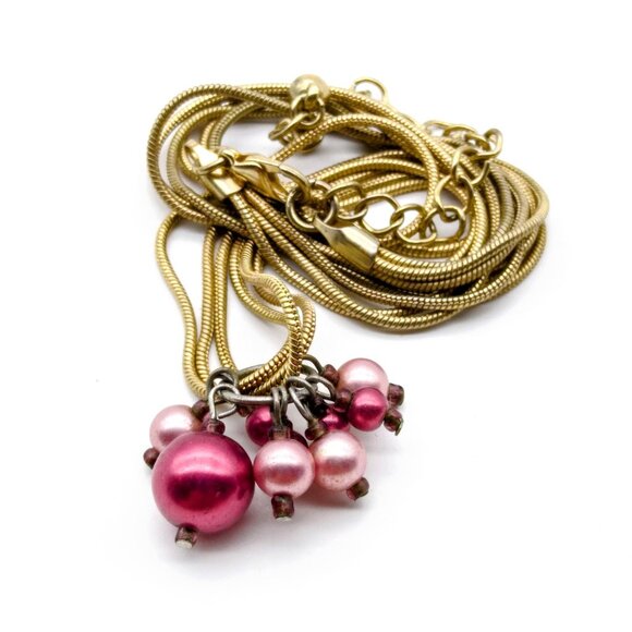 Shades of Pink Charms Necklace, Vintage Gold Tone Snake Chain with Faux Pearl Pe - Picture 4 of 4